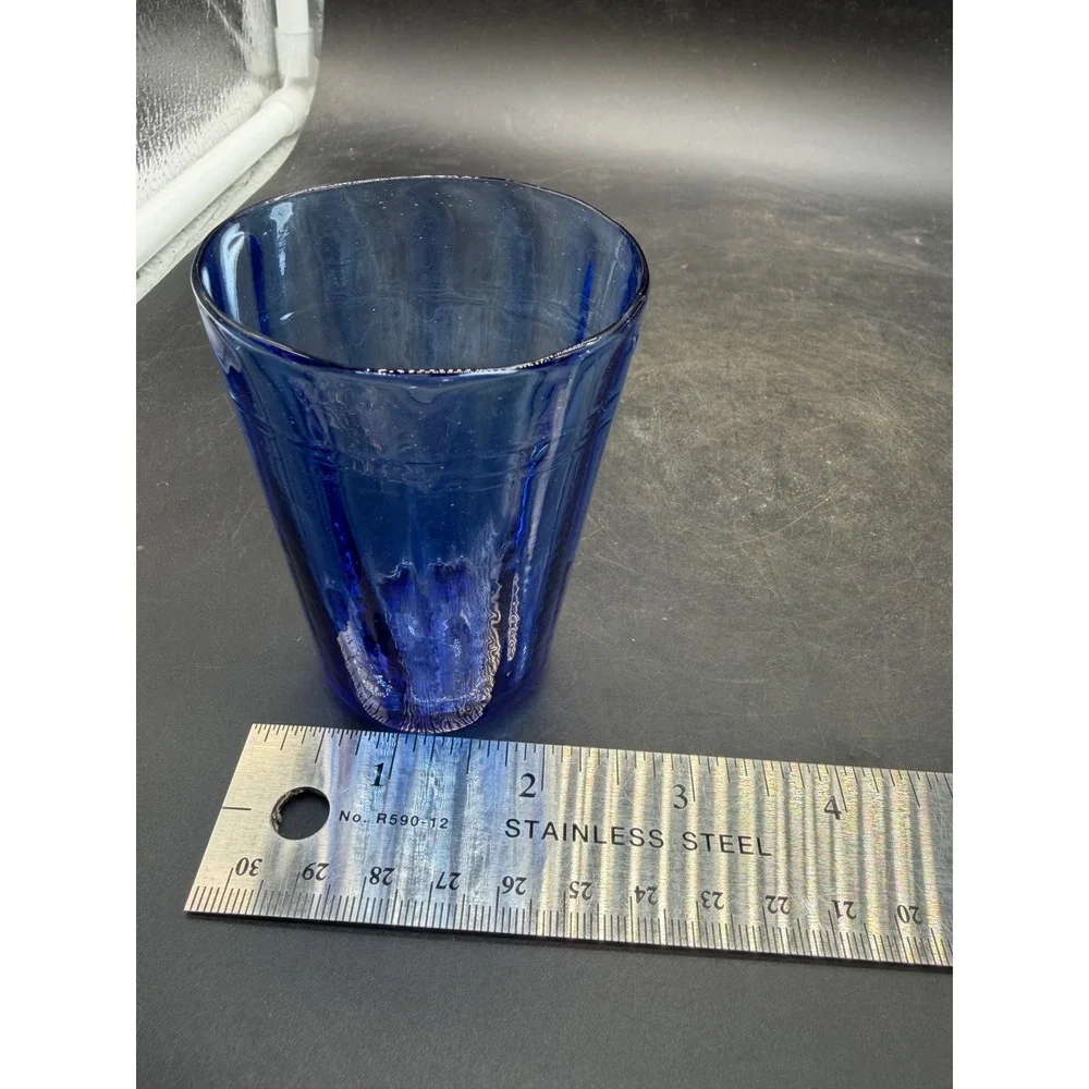 Vintage Cobalt Blue Hand Blown Ribbed Glass Tumbler 4.5 Inch Cup